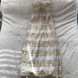 Aidan Mattox White Silk & Metallic Gold Maxi Dress